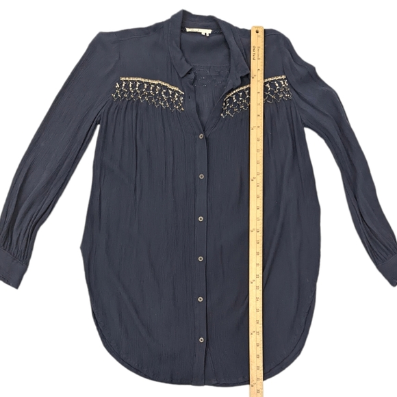 Anthropologie Floreat Beulah Beaded Tunic Button Down Top Blouse S Navy Blue - Picture 8 of 11